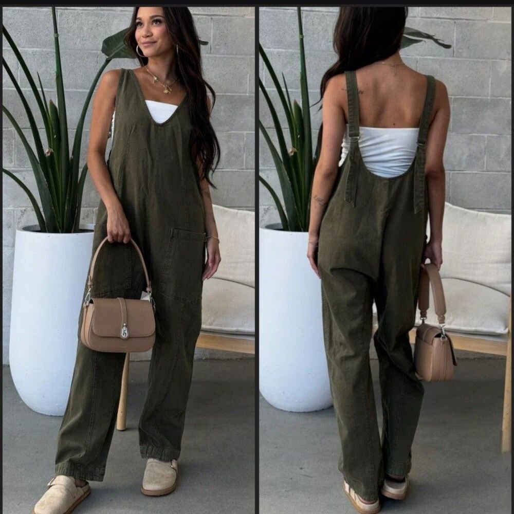 NWT Free People High Roller Denim Jumpsuit Overalls Moss Stone Green Women's L